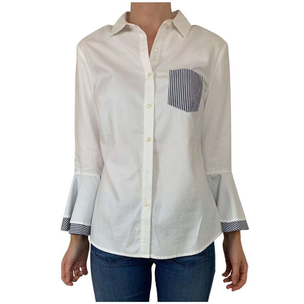 TROVATA BIRDS OF PARADIS Bell Sleeve Stripe Pocket Shirt Top Alys Grace S $320